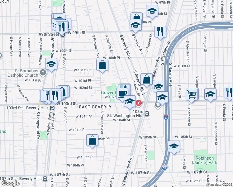 map of restaurants, bars, coffee shops, grocery stores, and more near 1518 West 102nd Place in Chicago