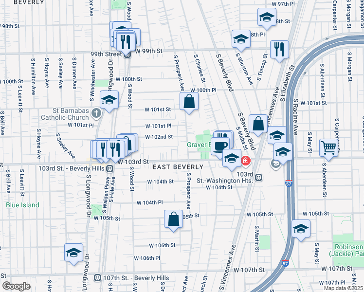 map of restaurants, bars, coffee shops, grocery stores, and more near 10218 South Prospect Avenue in Chicago