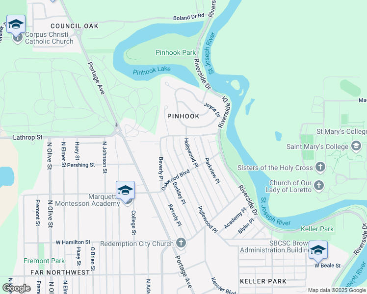 map of restaurants, bars, coffee shops, grocery stores, and more near 2233 Hollywood Place in South Bend