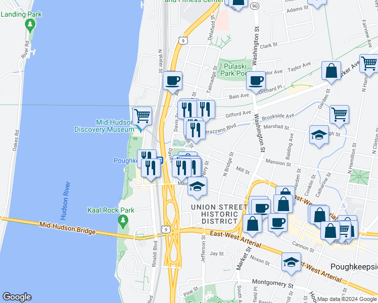 map of restaurants, bars, coffee shops, grocery stores, and more near 44 North Clover Street in Poughkeepsie