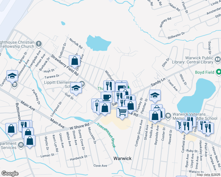 map of restaurants, bars, coffee shops, grocery stores, and more near 57 Ingalls Street in Warwick