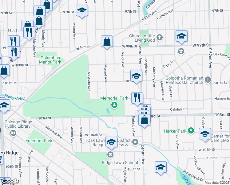 map of restaurants, bars, coffee shops, grocery stores, and more near 5721 West 101st Place in Oak Lawn