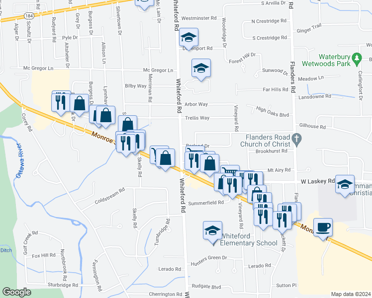 map of restaurants, bars, coffee shops, grocery stores, and more near 5053 Borland Drive in Sylvania