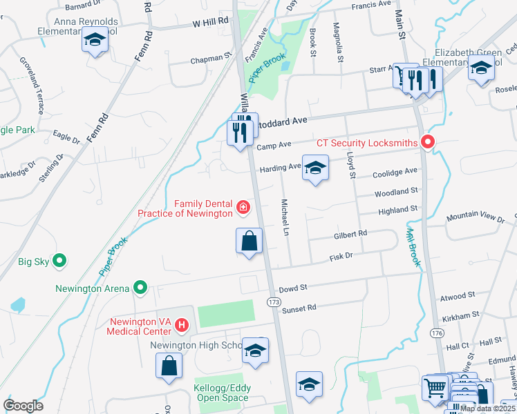 map of restaurants, bars, coffee shops, grocery stores, and more near 396 Willard Avenue in Newington