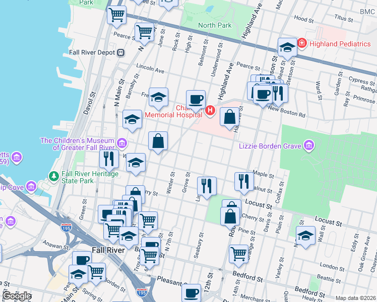 map of restaurants, bars, coffee shops, grocery stores, and more near 343 Grove Street in Fall River