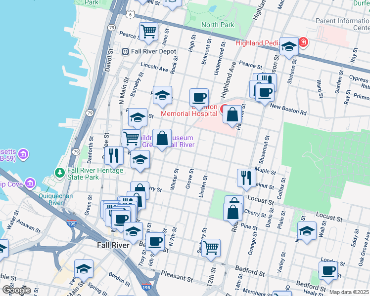 map of restaurants, bars, coffee shops, grocery stores, and more near 499 Maple Street in Fall River