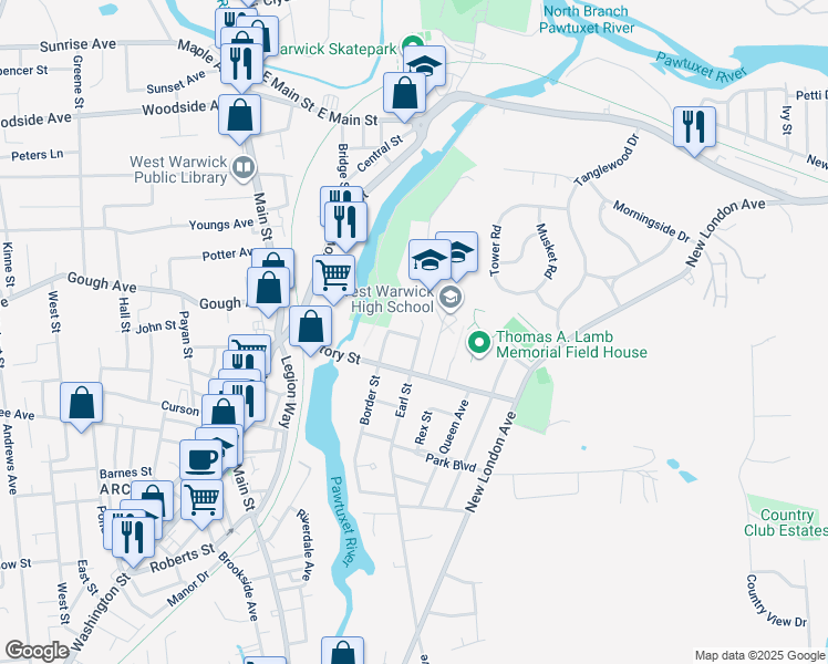 map of restaurants, bars, coffee shops, grocery stores, and more near 117 Earl Street in West Warwick