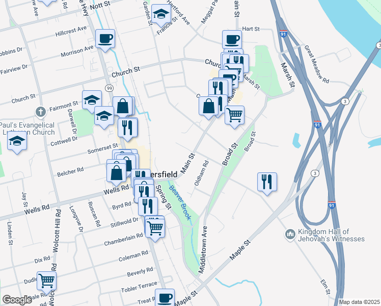 map of restaurants, bars, coffee shops, grocery stores, and more near 55 Main Street in Wethersfield