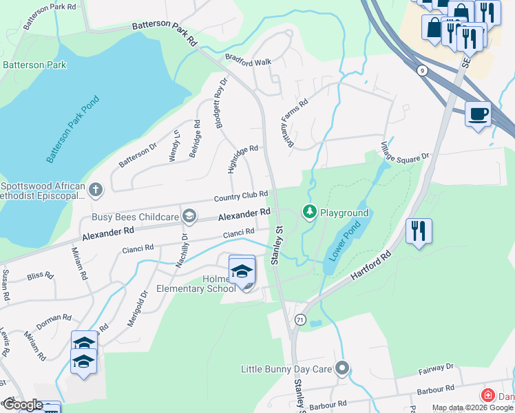map of restaurants, bars, coffee shops, grocery stores, and more near 31 Alexander Road in New Britain