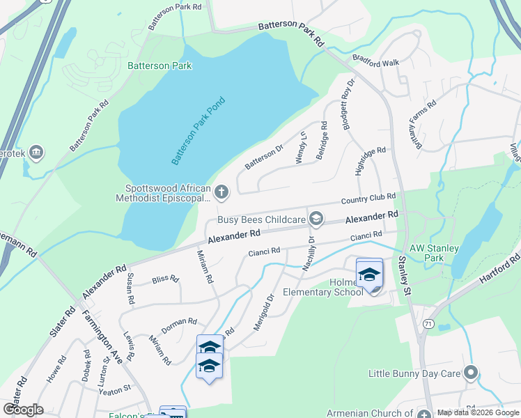 map of restaurants, bars, coffee shops, grocery stores, and more near 236 Country Club Road in New Britain
