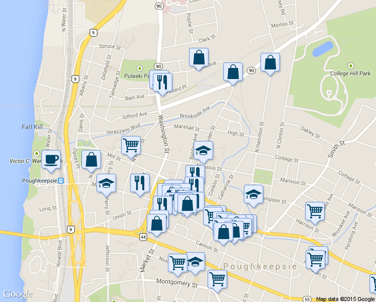 map of restaurants, bars, coffee shops, grocery stores, and more near 55 Mansion Street in Poughkeepsie