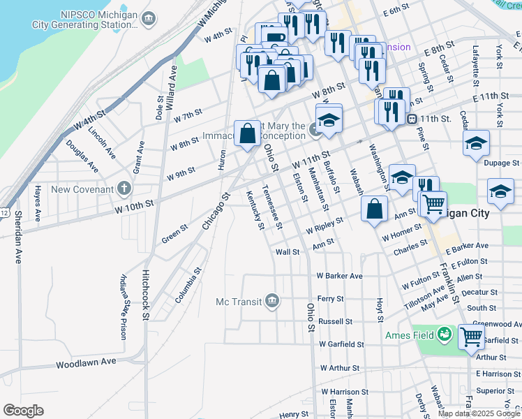 map of restaurants, bars, coffee shops, grocery stores, and more near 800-898 W Warren St in Michigan City