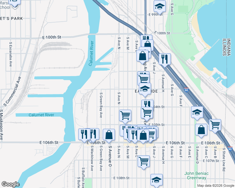 map of restaurants, bars, coffee shops, grocery stores, and more near 10323 South Avenue North in Chicago