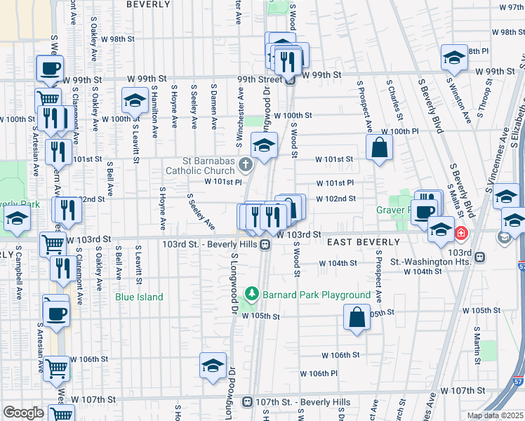 map of restaurants, bars, coffee shops, grocery stores, and more near 10224 South Walden Parkway in Chicago