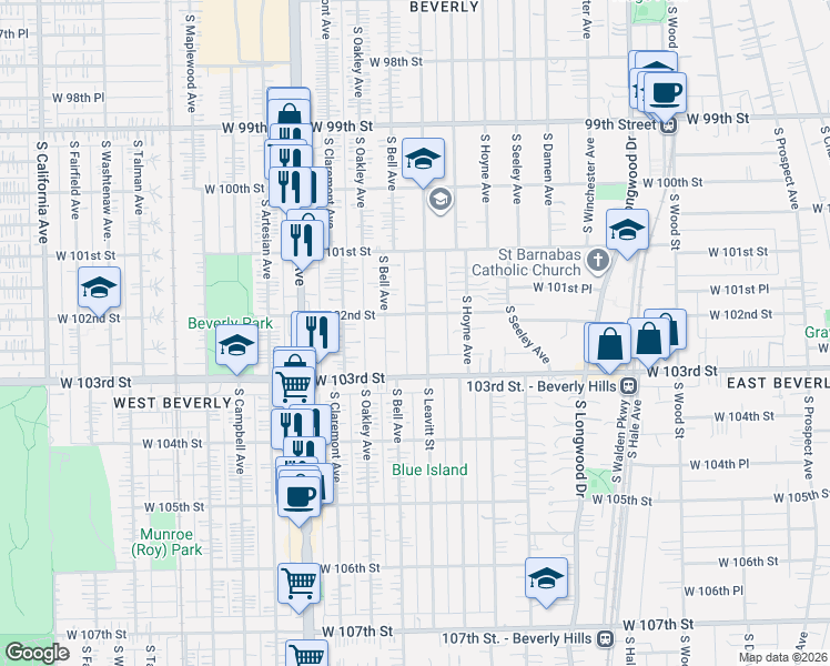 map of restaurants, bars, coffee shops, grocery stores, and more near 10221 South Bell Avenue in Chicago