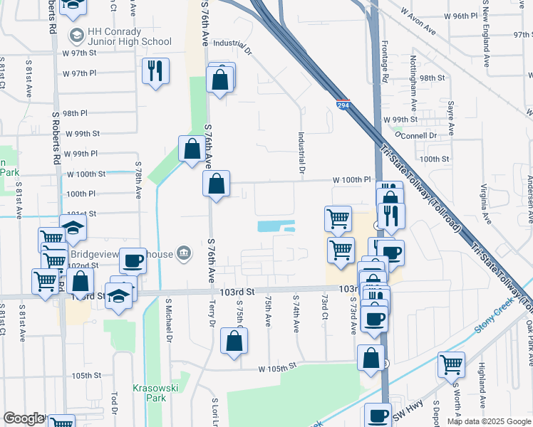 map of restaurants, bars, coffee shops, grocery stores, and more near 7401 West 101st Street in Bridgeview