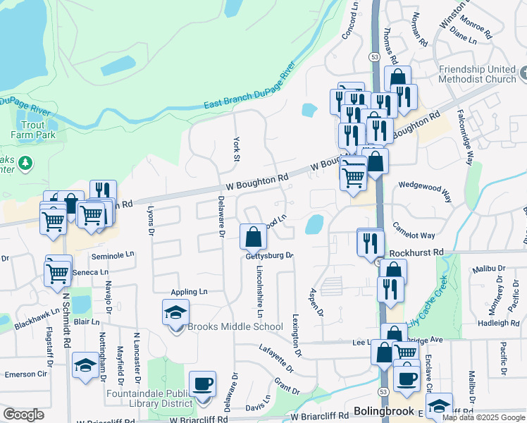 map of restaurants, bars, coffee shops, grocery stores, and more near 370 Kirkwood Circle in Bolingbrook