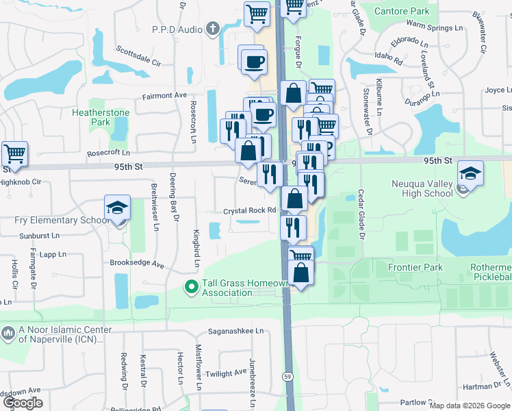 map of restaurants, bars, coffee shops, grocery stores, and more near 3026 Crystal Rock Road in Naperville