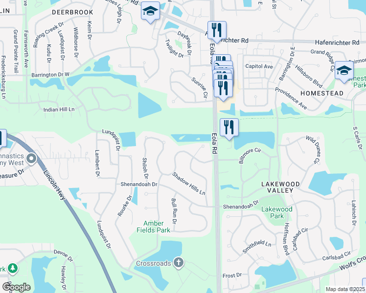 map of restaurants, bars, coffee shops, grocery stores, and more near 2364 Shiloh Drive in Aurora