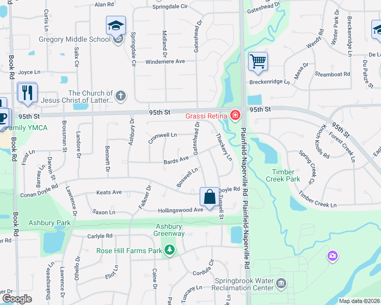 map of restaurants, bars, coffee shops, grocery stores, and more near 1203 Bards Avenue in Naperville
