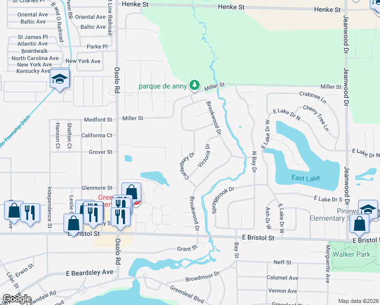 map of restaurants, bars, coffee shops, grocery stores, and more near 1711 Canterbury Drive in Elkhart
