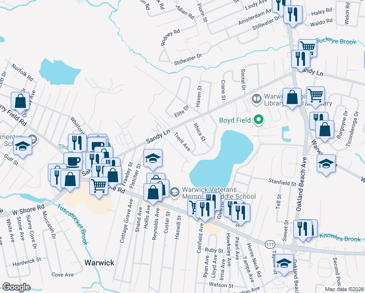 map of restaurants, bars, coffee shops, grocery stores, and more near 58 Armory Drive in Warwick