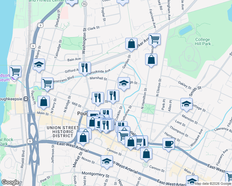 map of restaurants, bars, coffee shops, grocery stores, and more near 101 Mansion Street in Poughkeepsie