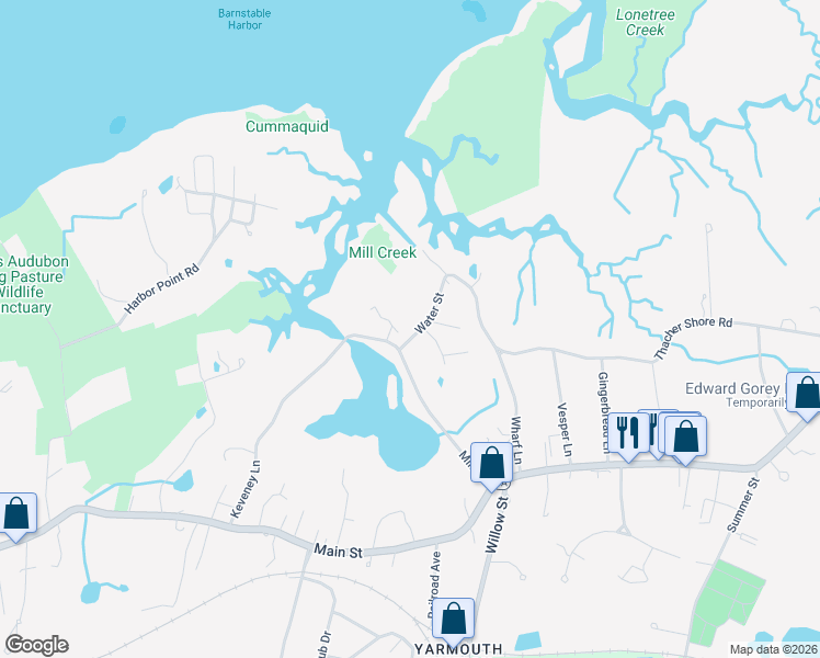 map of restaurants, bars, coffee shops, grocery stores, and more near 111 Water Street in Yarmouth