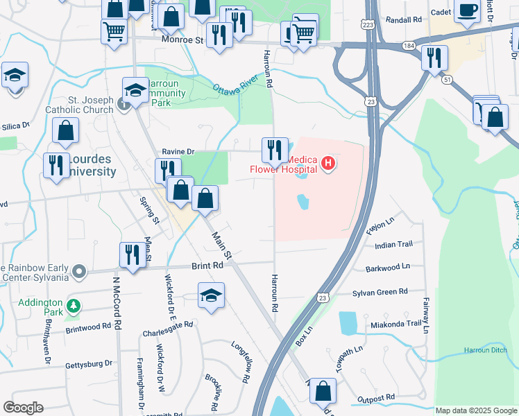 map of restaurants, bars, coffee shops, grocery stores, and more near 5150 Harroun Road in Sylvania