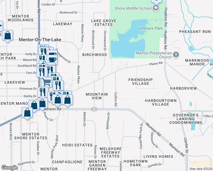 map of restaurants, bars, coffee shops, grocery stores, and more near 6009 Harrison Street in Mentor