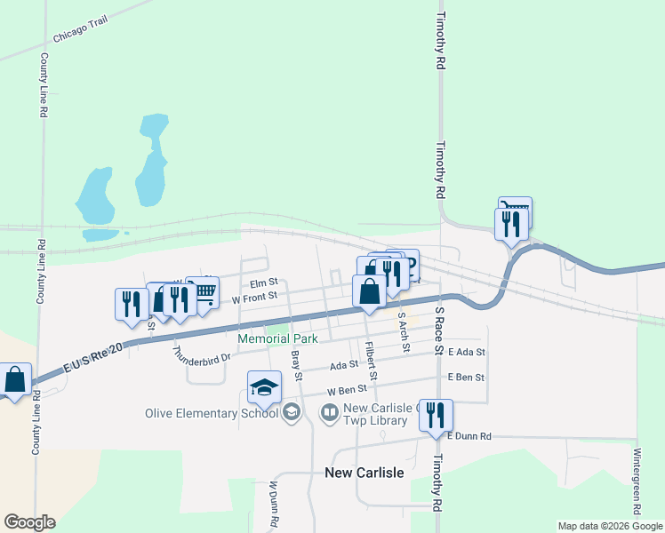 map of restaurants, bars, coffee shops, grocery stores, and more near 110 West Elm Street in New Carlisle