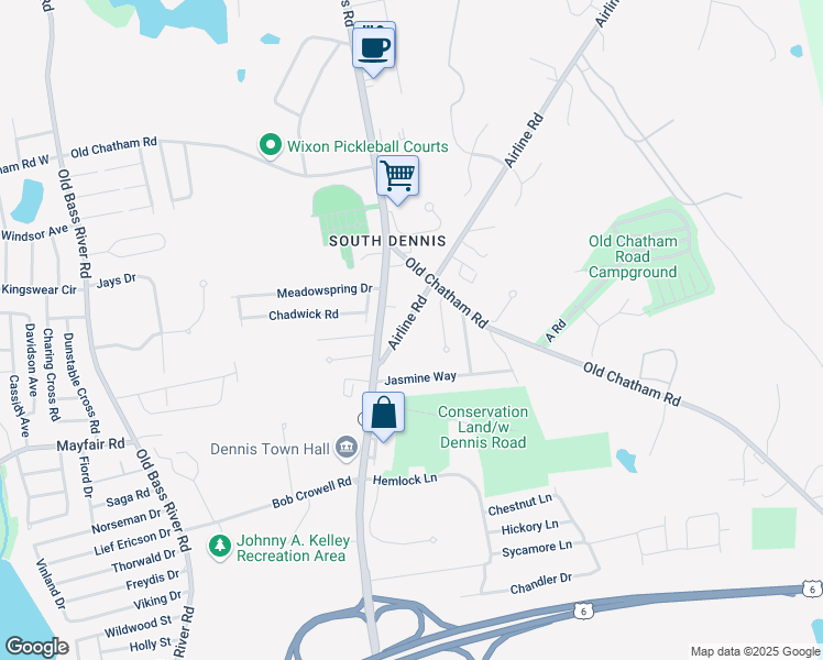 map of restaurants, bars, coffee shops, grocery stores, and more near 34 Airline Road in Dennis