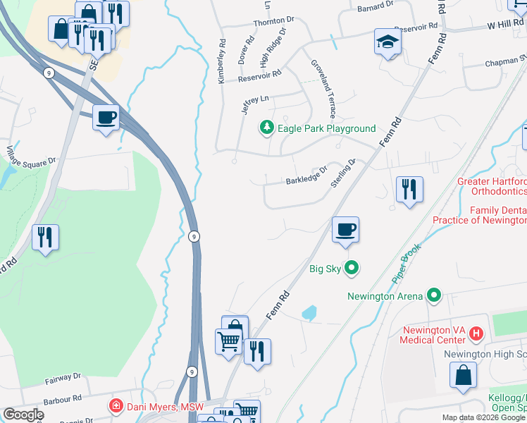 map of restaurants, bars, coffee shops, grocery stores, and more near 245 Sterling Drive in Newington