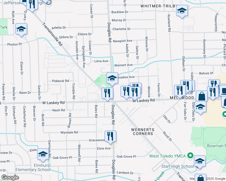 map of restaurants, bars, coffee shops, grocery stores, and more near 5050 Douglas Road in Toledo