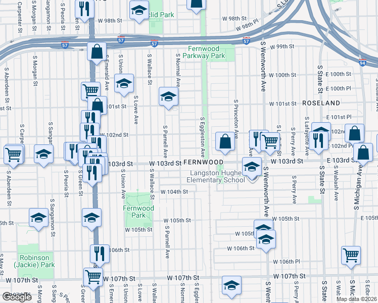 map of restaurants, bars, coffee shops, grocery stores, and more near 421 West 102nd Place in Chicago