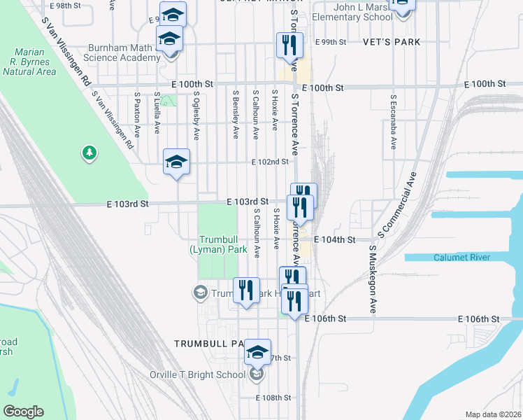map of restaurants, bars, coffee shops, grocery stores, and more near 10314 South Calhoun Avenue in Chicago