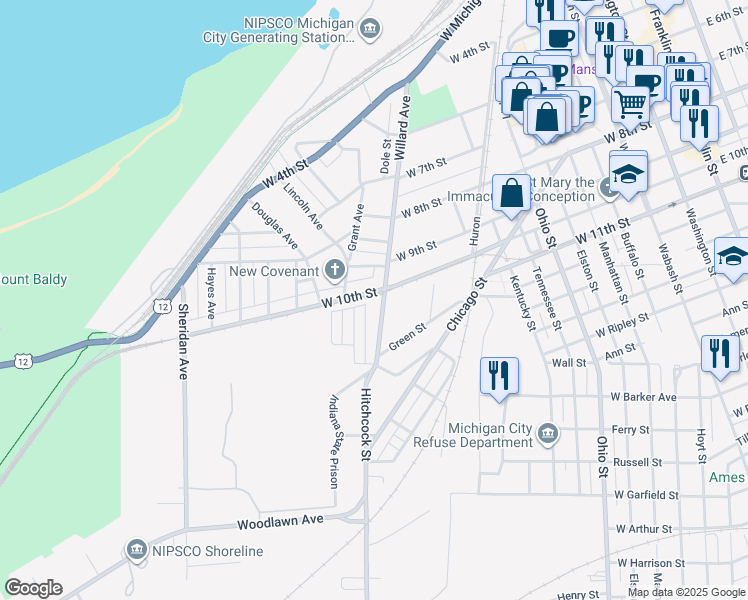 map of restaurants, bars, coffee shops, grocery stores, and more near 620 Willard Avenue in Michigan City