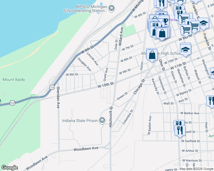 map of restaurants, bars, coffee shops, grocery stores, and more near 602 Donnelly Street in Michigan City