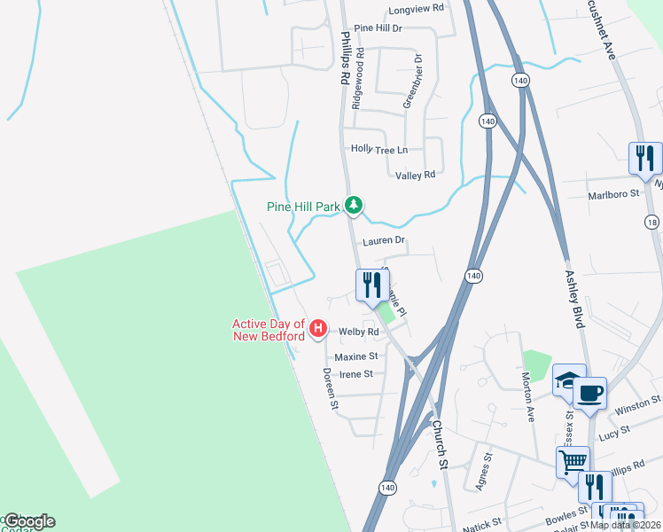 map of restaurants, bars, coffee shops, grocery stores, and more near 1475 Phillips Road in New Bedford