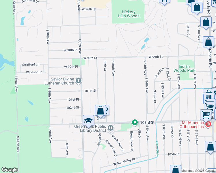 map of restaurants, bars, coffee shops, grocery stores, and more near 10064 South 86th Avenue in Palos Hills