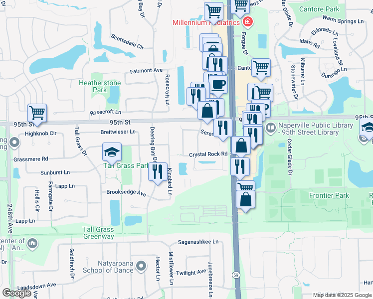 map of restaurants, bars, coffee shops, grocery stores, and more near 3093 Serenity Lane in Naperville