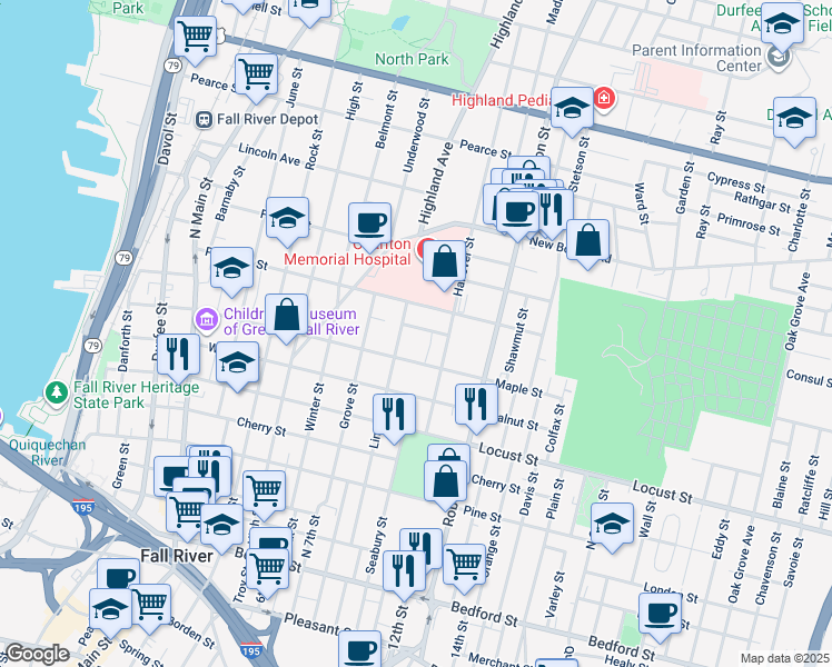 map of restaurants, bars, coffee shops, grocery stores, and more near 435 Linden Street in Fall River