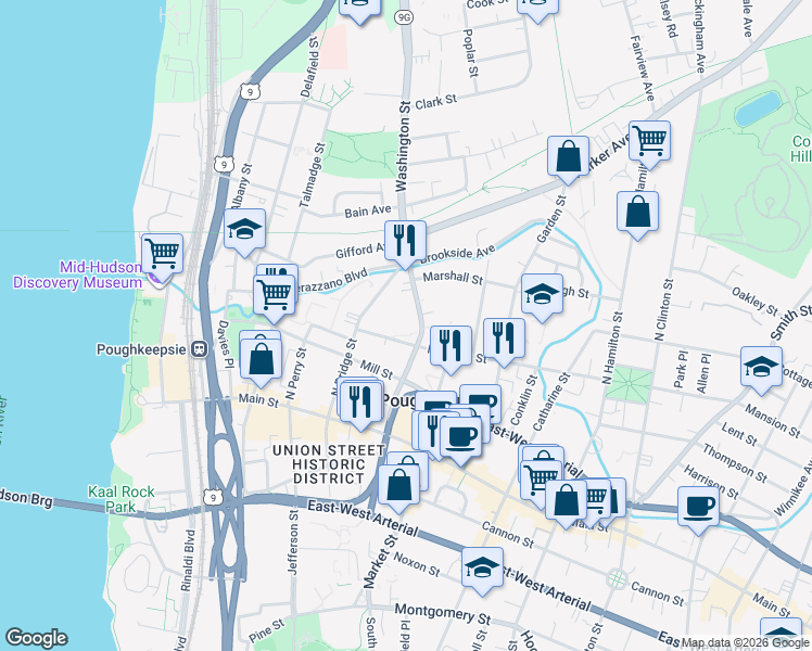 map of restaurants, bars, coffee shops, grocery stores, and more near in Poughkeepsie