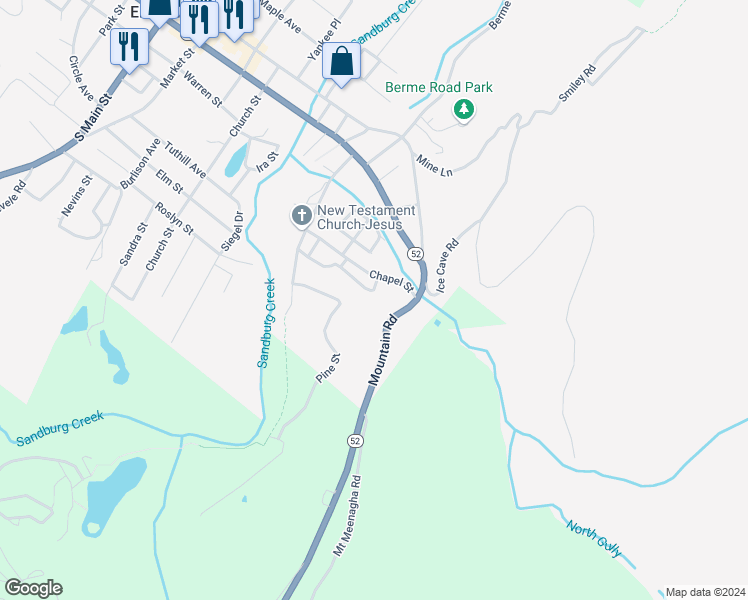 map of restaurants, bars, coffee shops, grocery stores, and more near 25 Rear Chapel Street in Ellenville