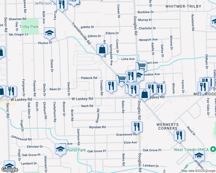 map of restaurants, bars, coffee shops, grocery stores, and more near 5032 Trimble Road in Toledo