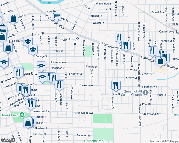 map of restaurants, bars, coffee shops, grocery stores, and more near 320 Cloud Street in Michigan City