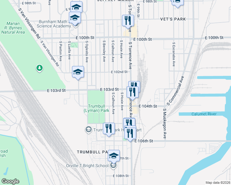 map of restaurants, bars, coffee shops, grocery stores, and more near 10314 South Calhoun Avenue in Chicago