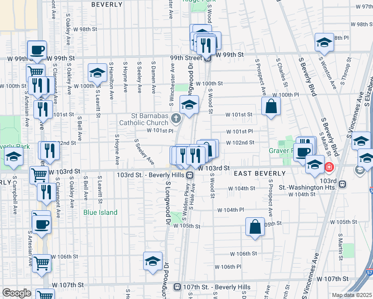 map of restaurants, bars, coffee shops, grocery stores, and more near 10224 South Walden Parkway in Chicago
