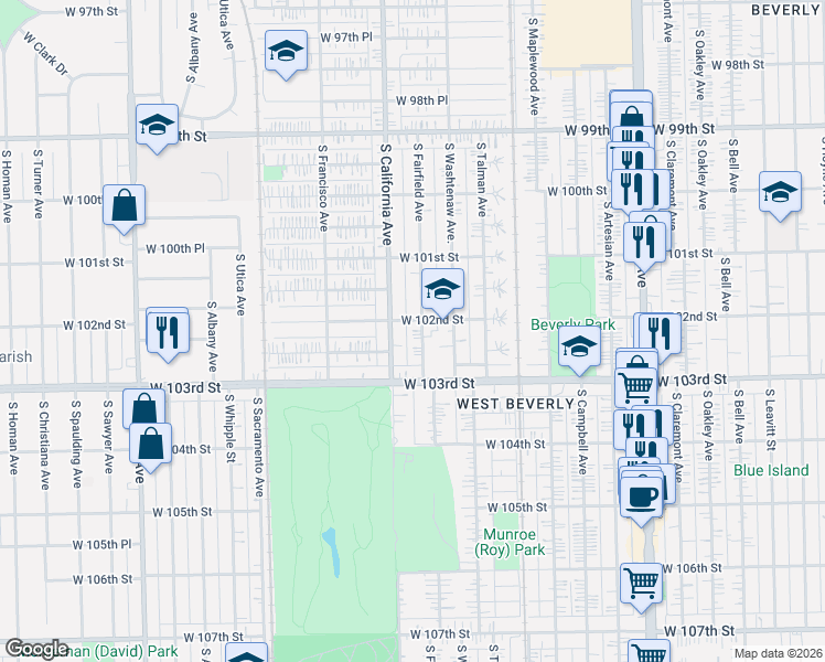 map of restaurants, bars, coffee shops, grocery stores, and more near 10209 South Fairfield Avenue in Chicago