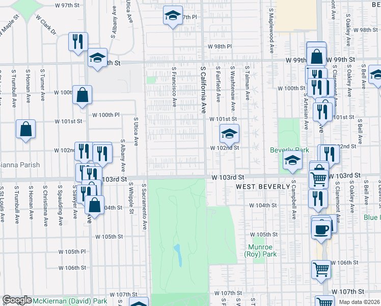 map of restaurants, bars, coffee shops, grocery stores, and more near 2838 West 102nd Place in Evergreen Park